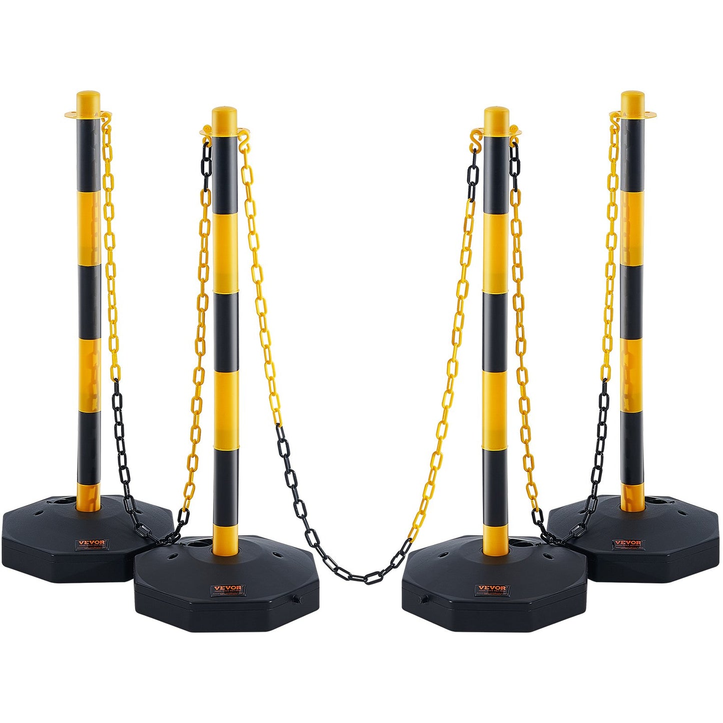 Justerbar Traffic Delineator stolpkoner, 4-pack, Trafiksäkerhetsavgränsare Barriär med fyllbar bas 8FT kedja, för Trafikkontroll Varning Parkeringsplats Konstruktion Varning Vägar, gul&svart