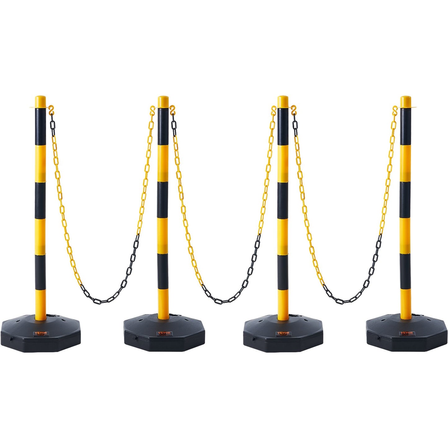 Justerbar Traffic Delineator stolpkoner, 4-pack, Trafiksäkerhetsavgränsare Barriär med fyllbar bas 8FT kedja, för Trafikkontroll Varning Parkeringsplats Konstruktion Varning Vägar, gul&svart