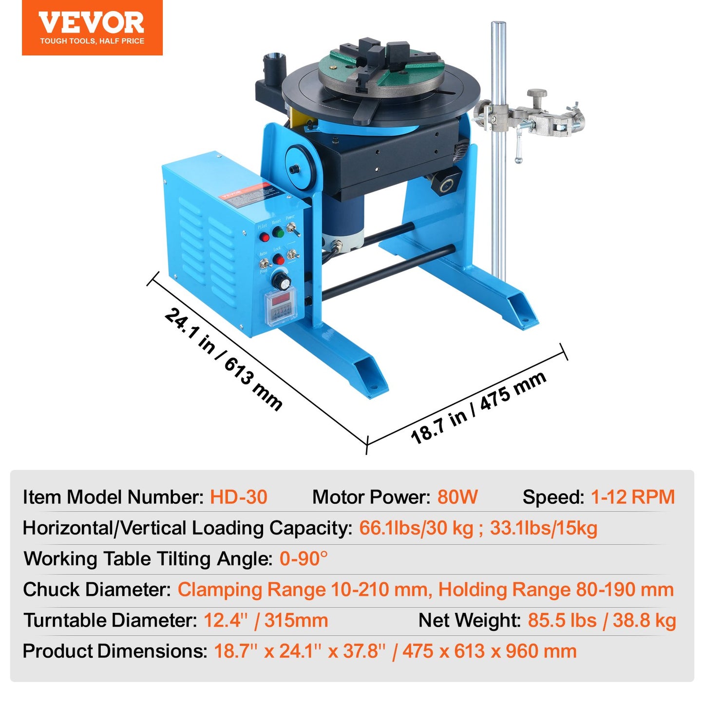 30KG Rotary Welding Positioner 0-90° Positioning Turntable 1-12RPM