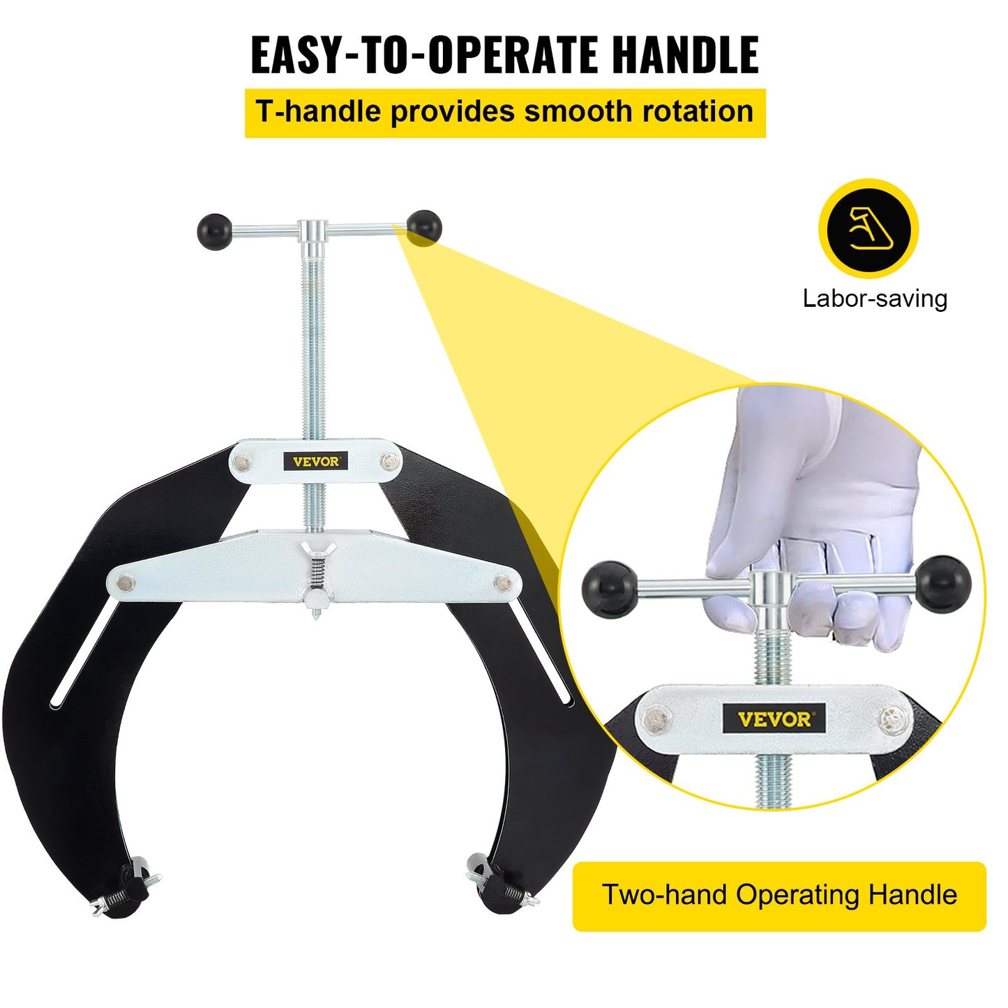 Ultra Clamp, 5 to 12 in diameter, high-strength pipe clamp with quick-acting screws, steel pipe alignment tool with lightweight design, black