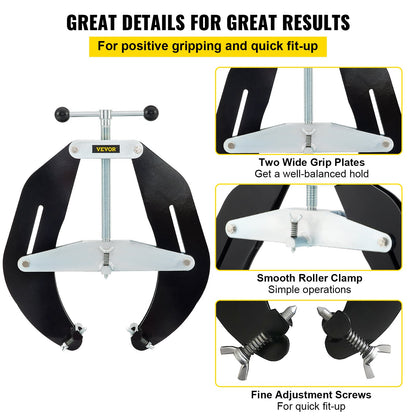 Ultra Clamp, 5 to 12 in diameter, high-strength pipe clamp with quick-acting screws, steel pipe alignment tool with lightweight design, black