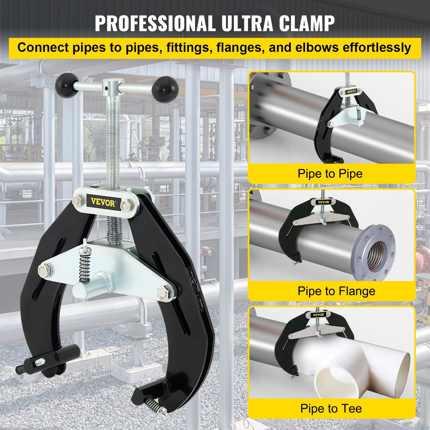 Ultra Clamp, 2 to 6 in diameter, high-strength pipe clamp with quick-acting screws, steel pipe adjustment tool with lightweight design, black
