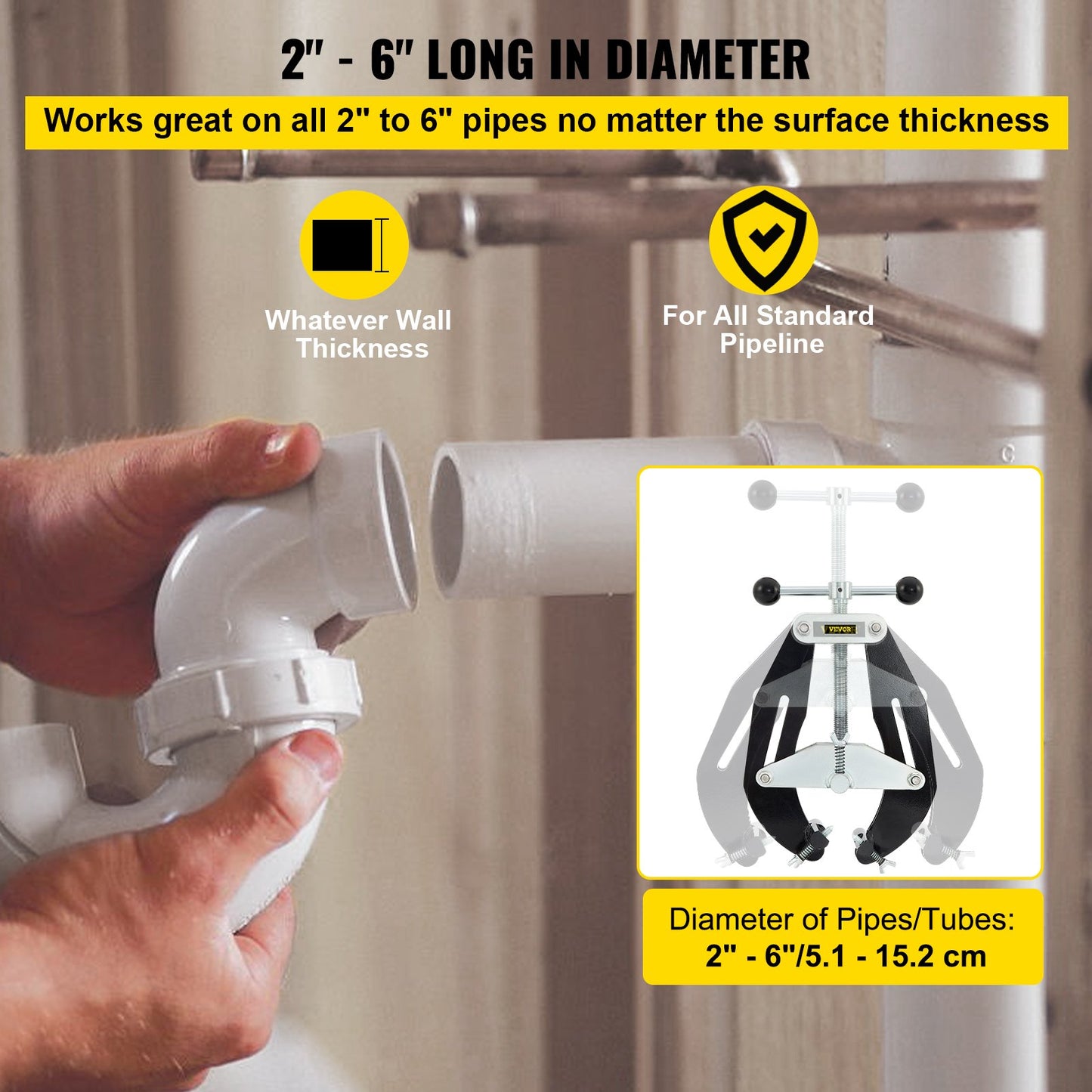 Ultra Clamp, 2 to 6 in diameter, high-strength pipe clamp with quick-acting screws, steel pipe adjustment tool with lightweight design, black