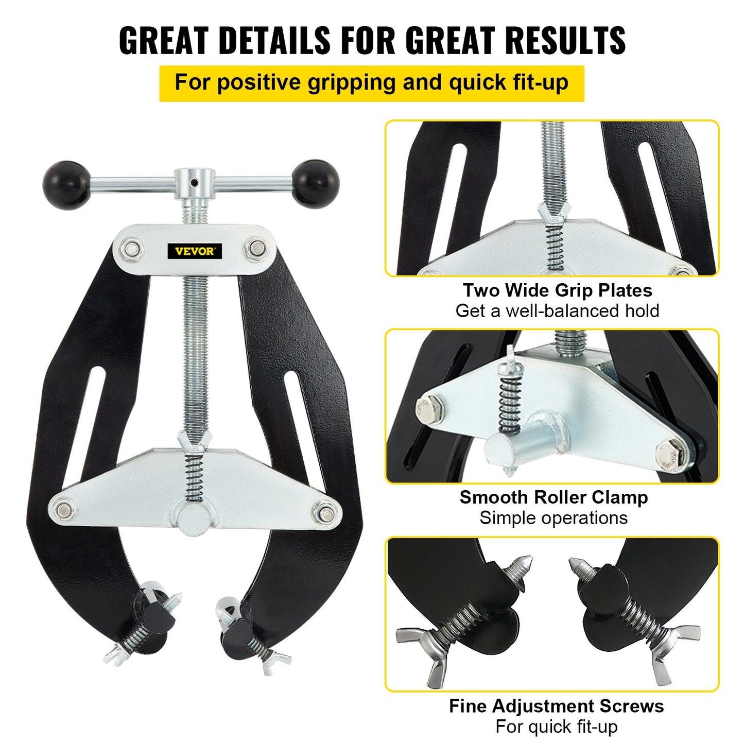 Ultra Clamp, 2 to 6 in diameter, high-strength pipe clamp with quick-acting screws, steel pipe adjustment tool with lightweight design, black