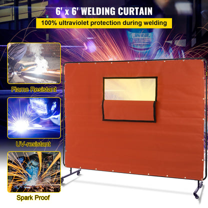 Welding Curtain, 6' x 8', Welding Screen with Metal Frame and 4 Wheels, Fireproof Fiberglass with Transparent Window, for Workshop, Industrial Site, Red