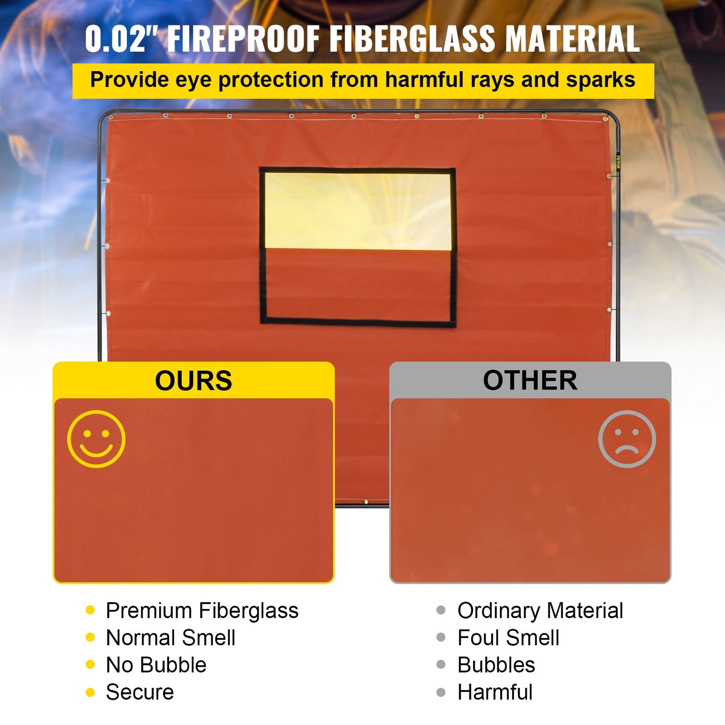 Welding Curtain, 6' x 8', Welding Screen with Metal Frame and 4 Wheels, Fireproof Fiberglass with Transparent Window, for Workshop, Industrial Site, Red