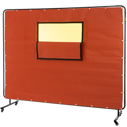 Welding Curtain, 6' x 8', Welding Screen with Metal Frame and 4 Wheels, Fireproof Fiberglass with Transparent Window, for Workshop, Industrial Site, Red