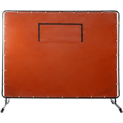Welding Curtain, 6' x 8', Welding Screen with Metal Frame and 4 Wheels, Fireproof Fiberglass with Transparent Window, for Workshop, Industrial Site, Red