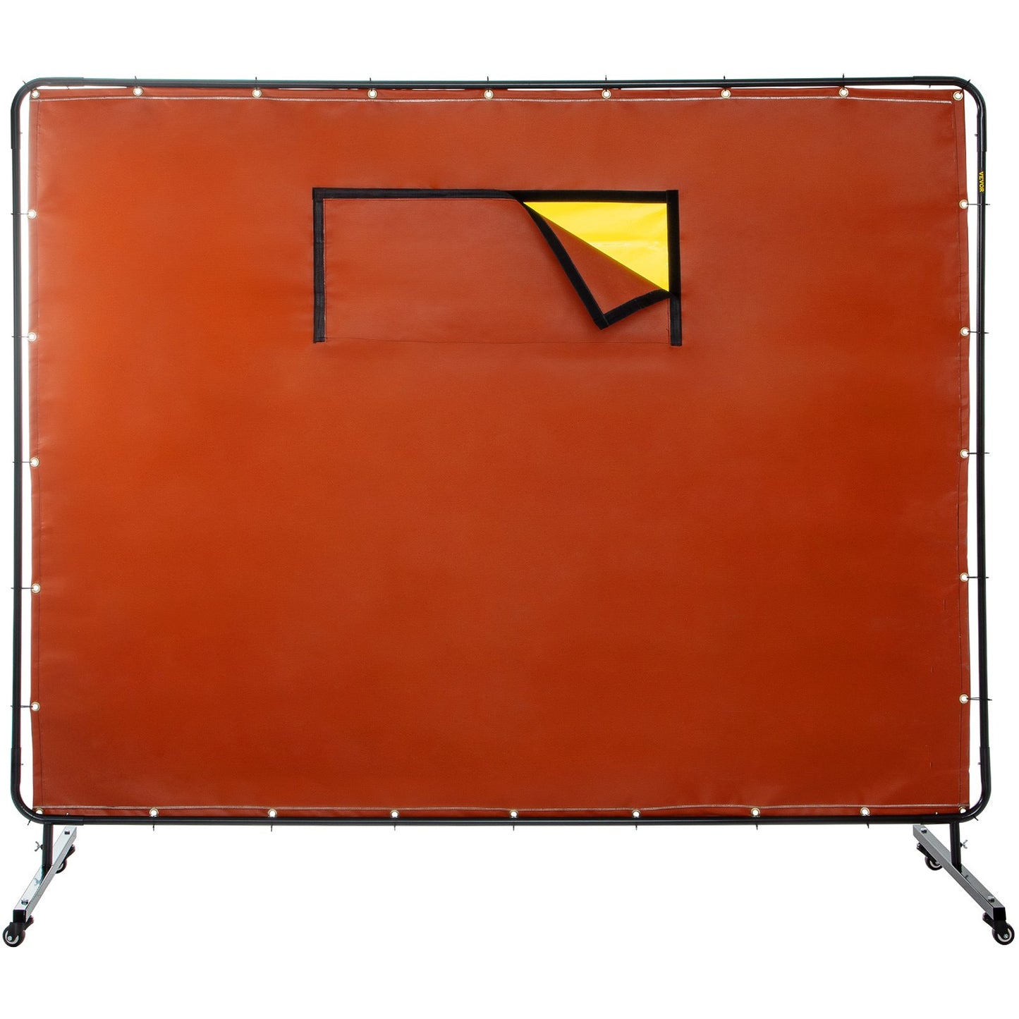 Welding Curtain, 6' x 8', Welding Screen with Metal Frame and 4 Wheels, Fireproof Fiberglass with Transparent Window, for Workshop, Industrial Site, Red