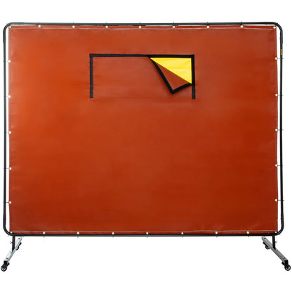Welding Curtain, 6' x 8', Welding Screen with Metal Frame and 4 Wheels, Fireproof Fiberglass with Transparent Window, for Workshop, Industrial Site, Red