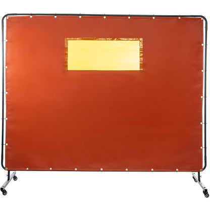 Welding Curtain, 6' x 8', Welding Screen with Metal Frame and 4 Wheels, Fireproof Fiberglass with Transparent Window, for Workshop, Industrial Site, Red