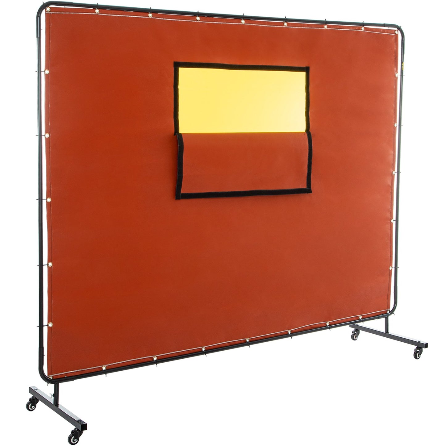 Welding Curtain, 6' x 8', Welding Screen with Metal Frame and 4 Wheels, Fireproof Fiberglass with Transparent Window, for Workshop, Industrial Site, Red
