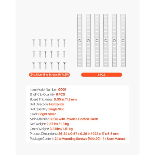 hyllskena 91 cm, 6-pack justerbara väggmonterade hyllor i stål, pilaster |  EU