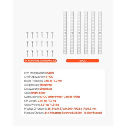 hyllskena 91 cm, 6-pack justerbara väggmonterade hyllor i stål, pilaster |  EU