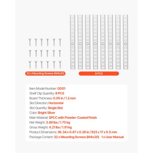 hyllskena 91 cm, 8-pack justerbara väggmonterade hyllor i stål, pilaster |  EU