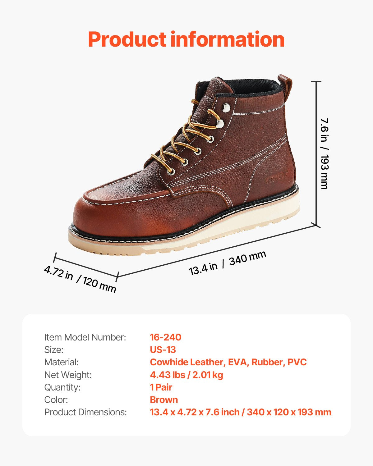 Steel Toe Work Boots UK storlek 12 Vattentät Moc Toe för män Halksäker