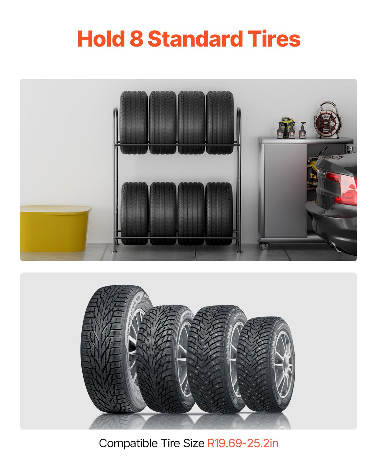 Tire storage rack 2-shelf tire holder that holds up to 8 standard tires