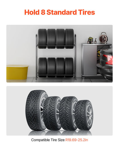 Tire storage rack 2-shelf tire holder that holds up to 8 standard tires