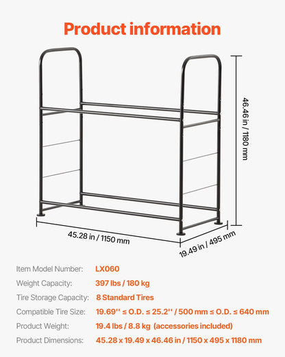 Tire storage rack 2-shelf tire holder that holds up to 8 standard tires