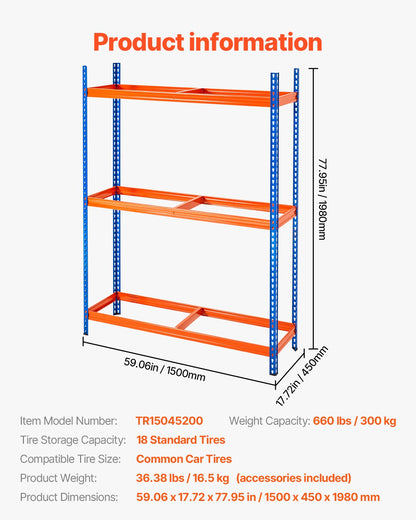 Tire storage rack 3-shelf tire holder that holds up to 18 standard tires