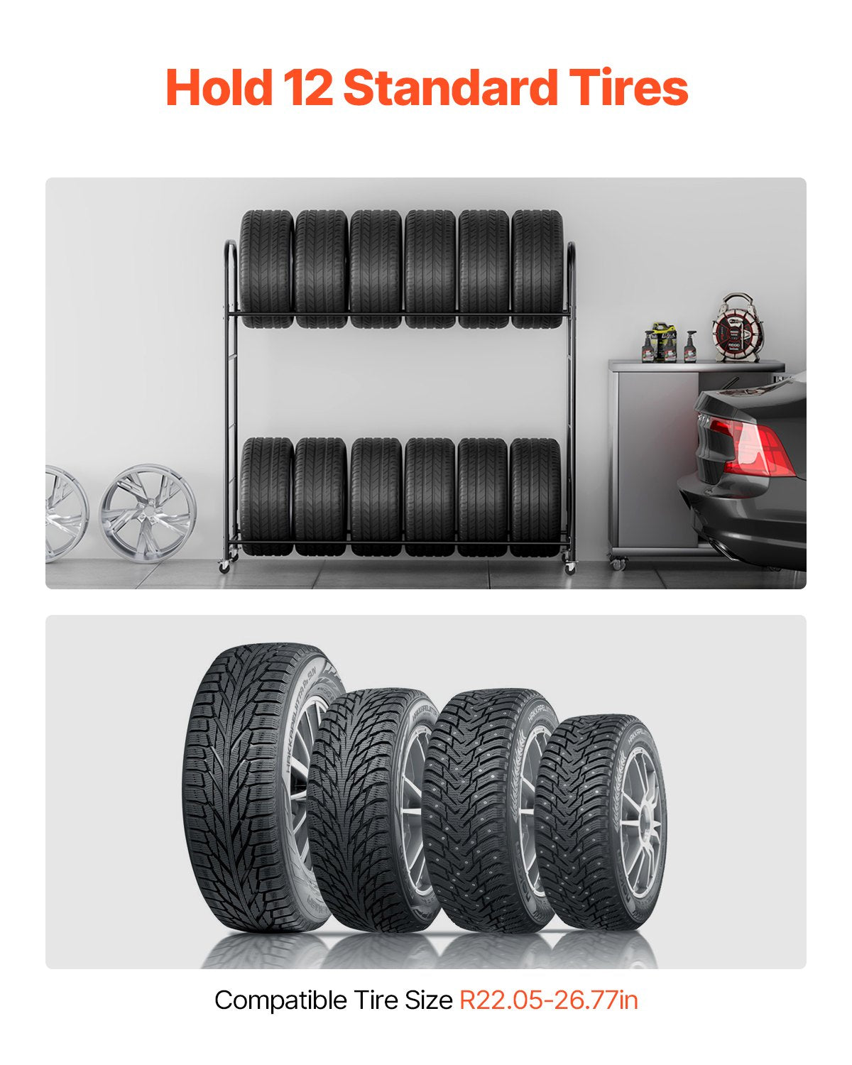 Rolling Tire Storage Rack 2-Shelf Tire Holder Holds up to 12 Standard Tires