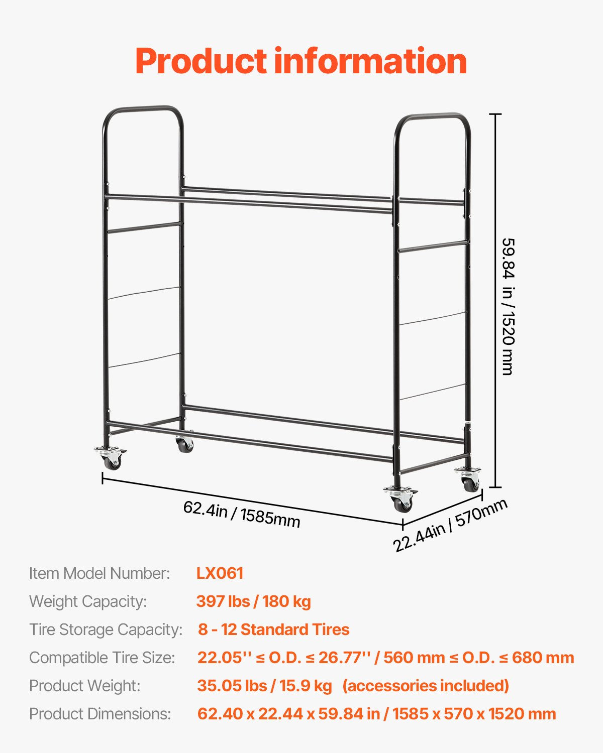 Rolling Tire Storage Rack 2-Shelf Tire Holder Holds up to 12 Standard Tires