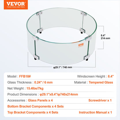 Fire Pit Wind Guard, 740 x 214 mm runt flamskydd av glas, 6 mm tjockt brandbordstillbehör, flamskydd av klart härdat glas för propan, gas, utomhus, uteplats, bakgård