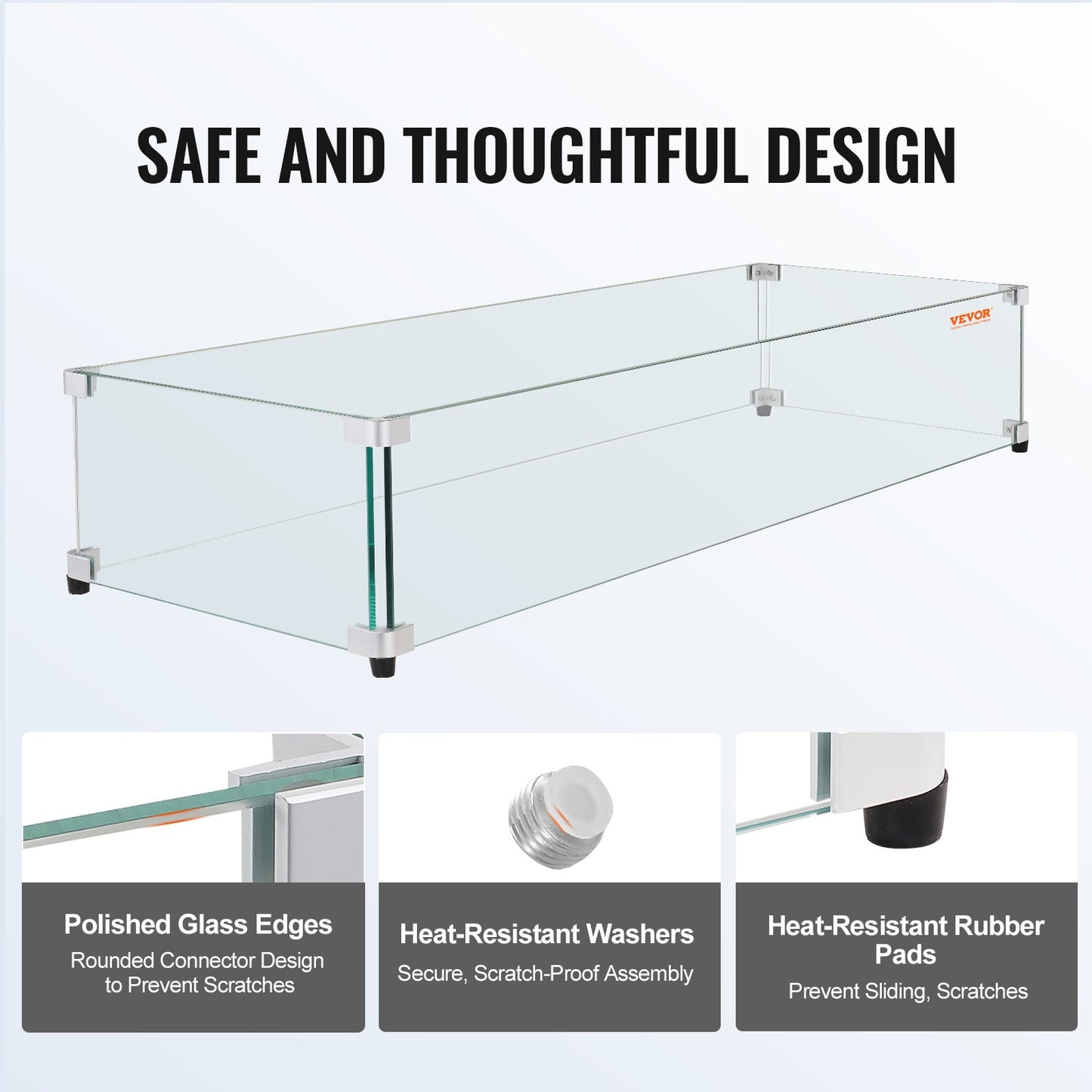 Glass windscreen for rectangular fire pit table 1128 x 367 x 191 mm, 8 mm thick and robust tempered glass panel with hard aluminum corner bracket and rubber feet, easy to assemble