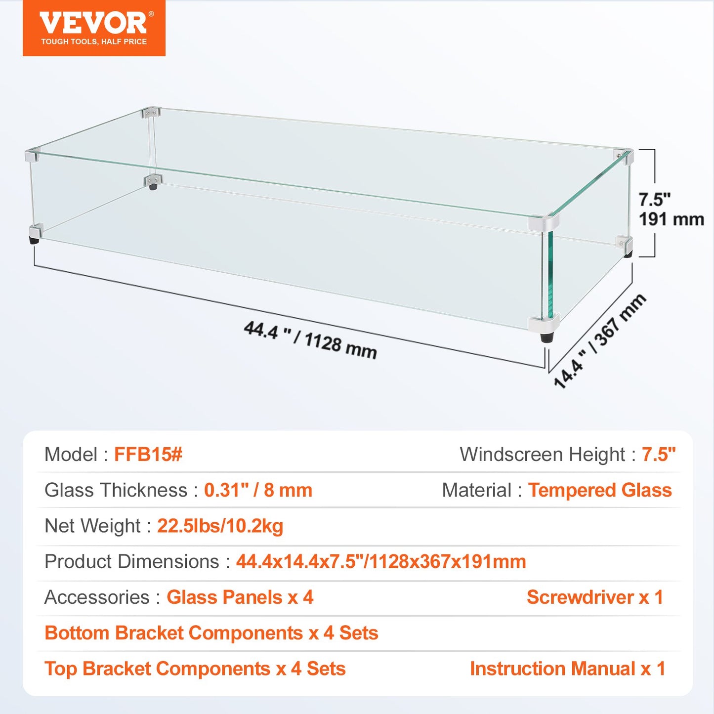 Glass windscreen for rectangular fire pit table 1128 x 367 x 191 mm, 8 mm thick and robust tempered glass panel with hard aluminum corner bracket and rubber feet, easy to assemble