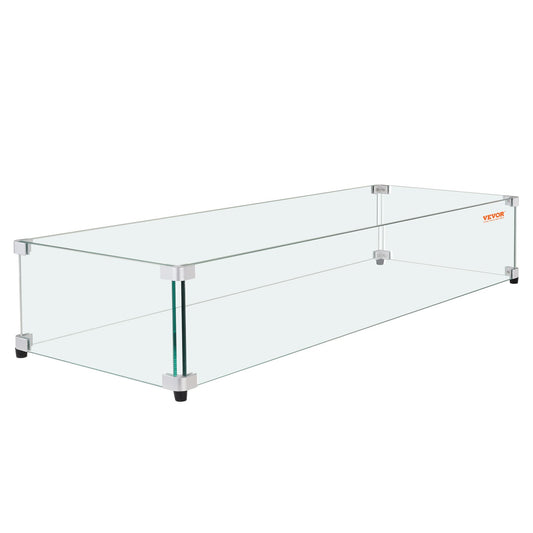Vindskydd i glas för rektangulärt eldstadsbord 1128 x 367 x 191 mm, 8 mm tjock och robust härdat glaspanel med hörnfäste i hårda aluminium och gummifötter, lätt att montera