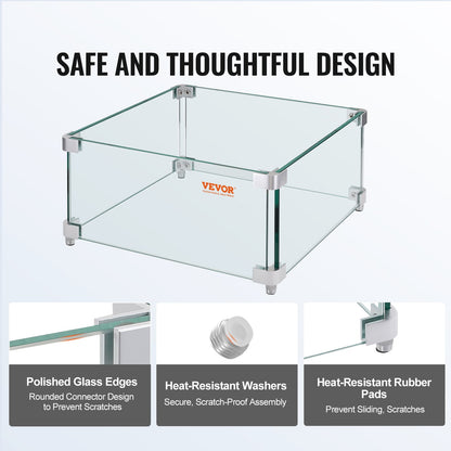 Gas Fire Pit Windshield for Square Fire Table, 380 x 380 x 180 mm Clear tempered windshield for fireplaces, 8 mm thick square glass shield, glass panel with hard corner bracket and feet