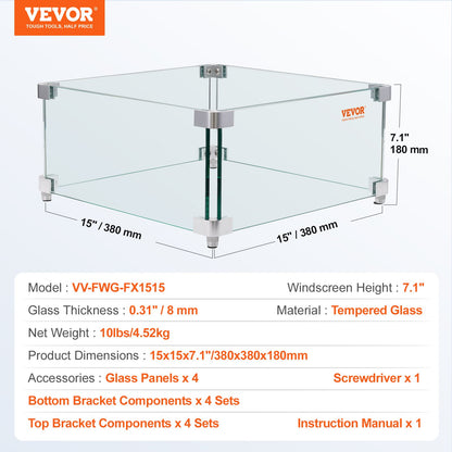 Gas Fire Pit Windshield for Square Fire Table, 380 x 380 x 180 mm Clear tempered windshield for fireplaces, 8 mm thick square glass shield, glass panel with hard corner bracket and feet