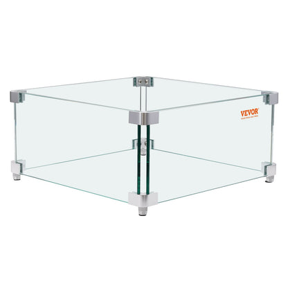 Gas Fire Pit Windshield for Square Fire Table, 380 x 380 x 180 mm Clear tempered windshield for fireplaces, 8 mm thick square glass shield, glass panel with hard corner bracket and feet