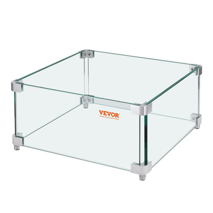 Gas Fire Pit Windshield for Square Fire Table, 380 x 380 x 180 mm Clear tempered windshield for fireplaces, 8 mm thick square glass shield, glass panel with hard corner bracket and feet