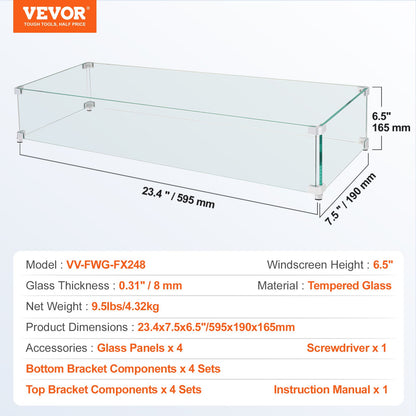 Windschutzscheibe für Gasfeuerstelle für quadratischen Feuertisch, 595 x 190 x 165 mm. Klare, gehärtete Windschutzscheibe für Kamine, 8 mm dicke quadratische Glasscheibe, Glasplatte mit harter Eckhalterung und Füßen