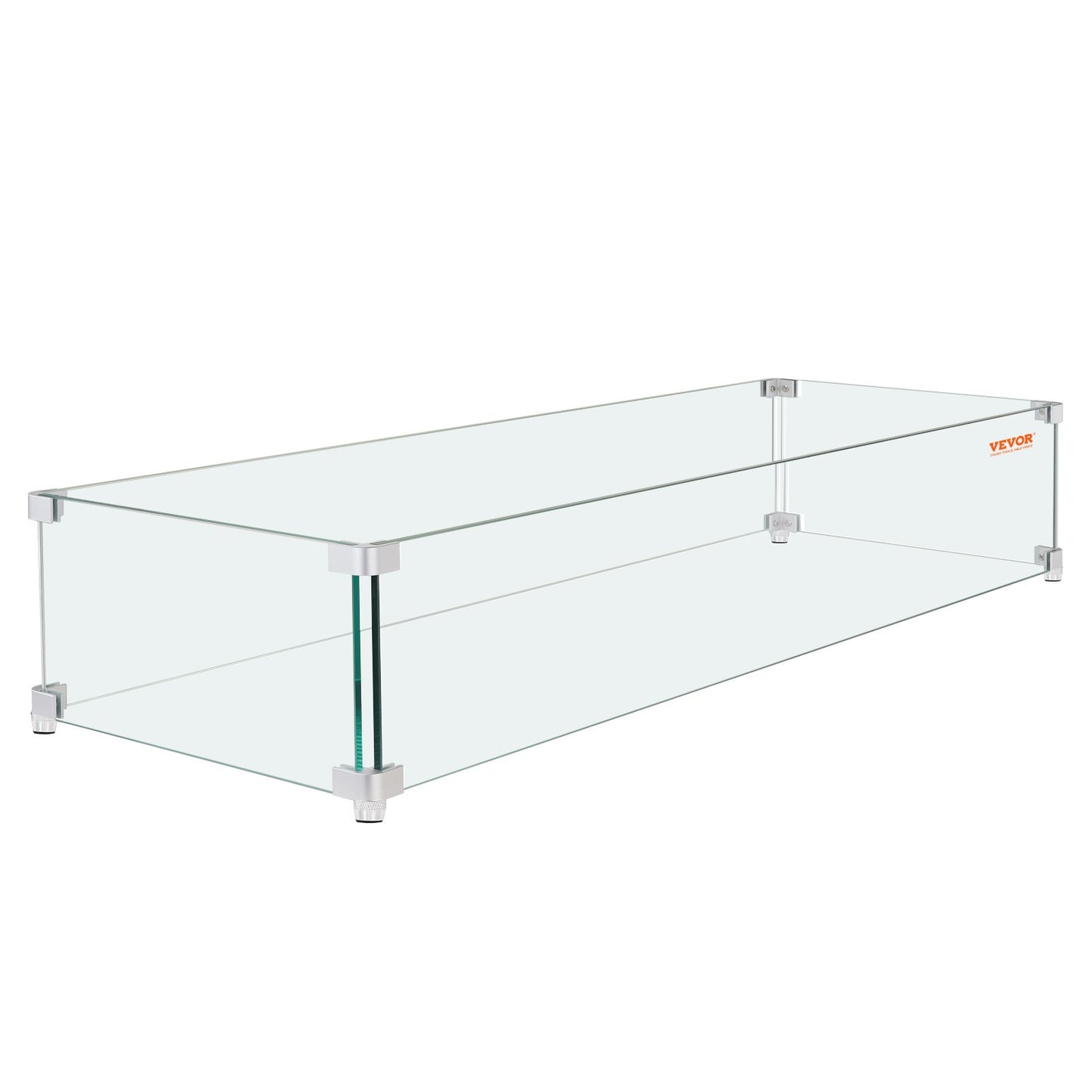 Windschutzscheibe für Gasfeuerstelle für quadratischen Feuertisch, 595 x 190 x 165 mm. Klare, gehärtete Windschutzscheibe für Kamine, 8 mm dicke quadratische Glasscheibe, Glasplatte mit harter Eckhalterung und Füßen