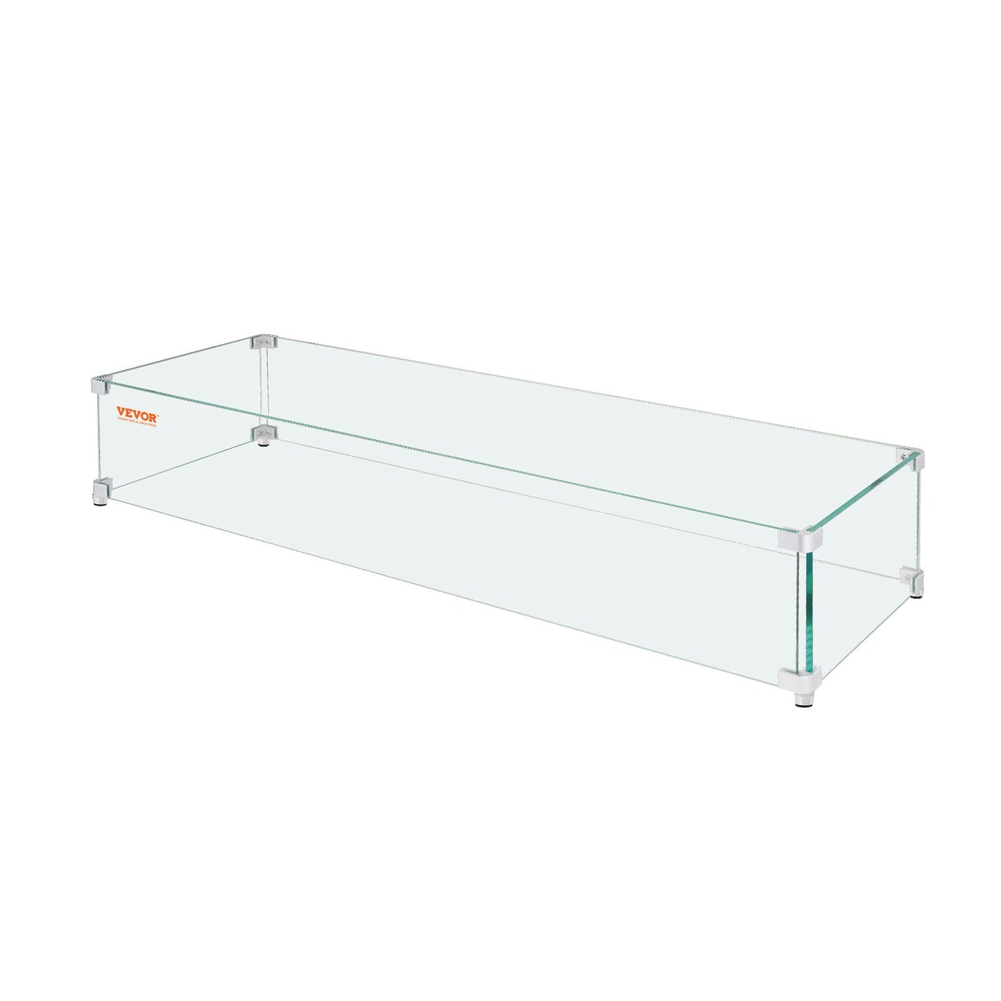 Windschutzscheibe für Gasfeuerstelle für quadratischen Feuertisch, 595 x 190 x 165 mm. Klare, gehärtete Windschutzscheibe für Kamine, 8 mm dicke quadratische Glasscheibe, Glasplatte mit harter Eckhalterung und Füßen