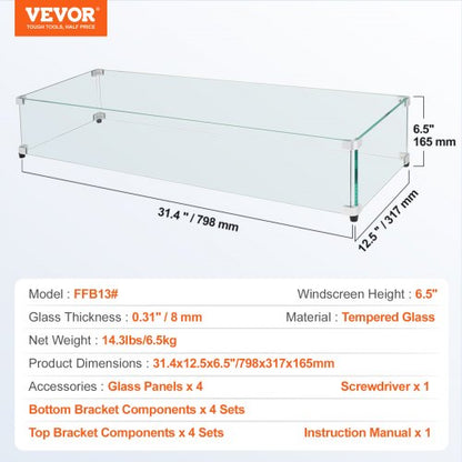 vindskydd i glas för rektangulärt eldstadsbord 798 x 317 x 165 mm, 8 mm tjock och robust härdat glaspanel med hörnfäste i hård aluminium och gummifötter, lätt att montera |  EU