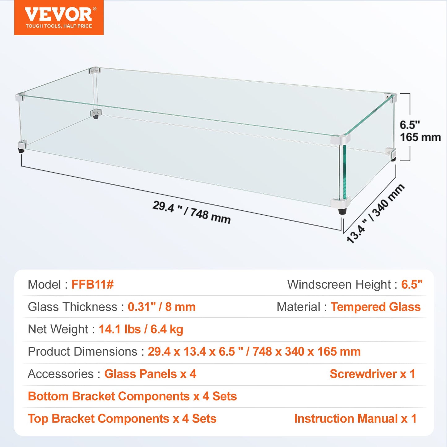 Glas-Windschutz für rechteckigen Feuertisch 748 x 340 x 165 mm, 8 mm starke und robuste Hartglasplatte mit Hartaluminium-Eckwinkel und Gummifüßen, einfache Montage