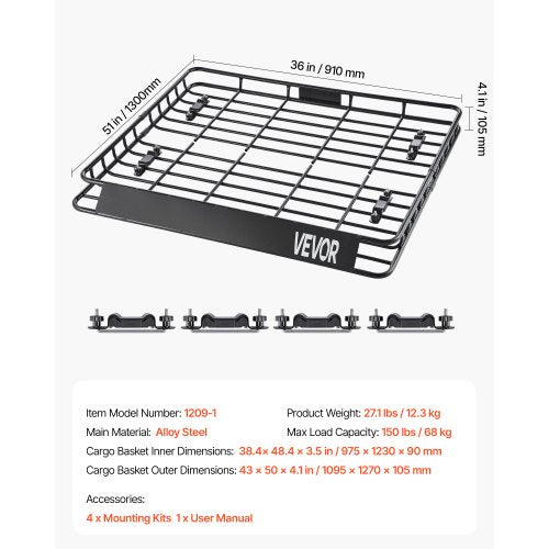 Roof Rack Cargo Carrier Basket 43 x 50 x 4.1 inch Car Roof Luggage Carrier | EU