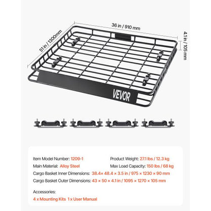 Roof Rack Cargo Carrier Basket 43 x 50 x 4.1 inch Car Roof Luggage Carrier | EU