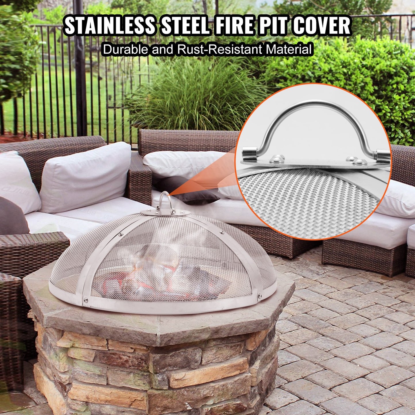 Fire Pit Spark Screen Round 40", förstärkt metallskydd i kraftigt stål, lock för utomhuseldstad, lättöppningsbara toppskärmskydd runda med ringhandtag för utomhusterrass med eldstäder bakgård
