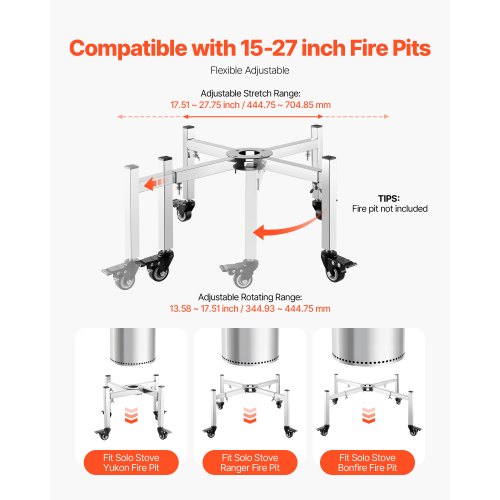 Fireplace stand 38-68.6 cm adjustable with 4 wheels for Solo stove