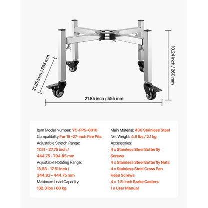 Fireplace stand 38-68.6 cm adjustable with 4 wheels for Solo stove