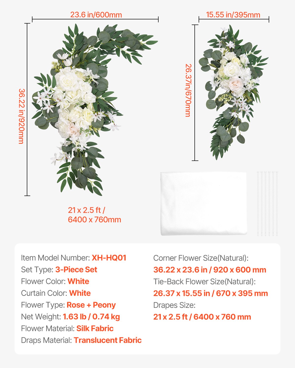 Artificial Wedding Arch Flowers Kit White With 2pcs Flowers 1pcs Drapes