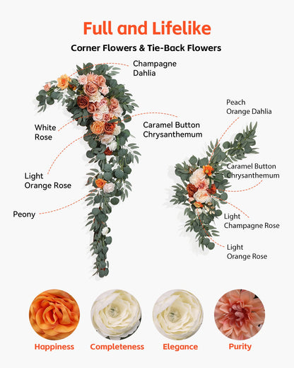 Artificial Wedding Arch Flowers Kit Orange With 2 Pcs Flowers 3 Pcs Drapes