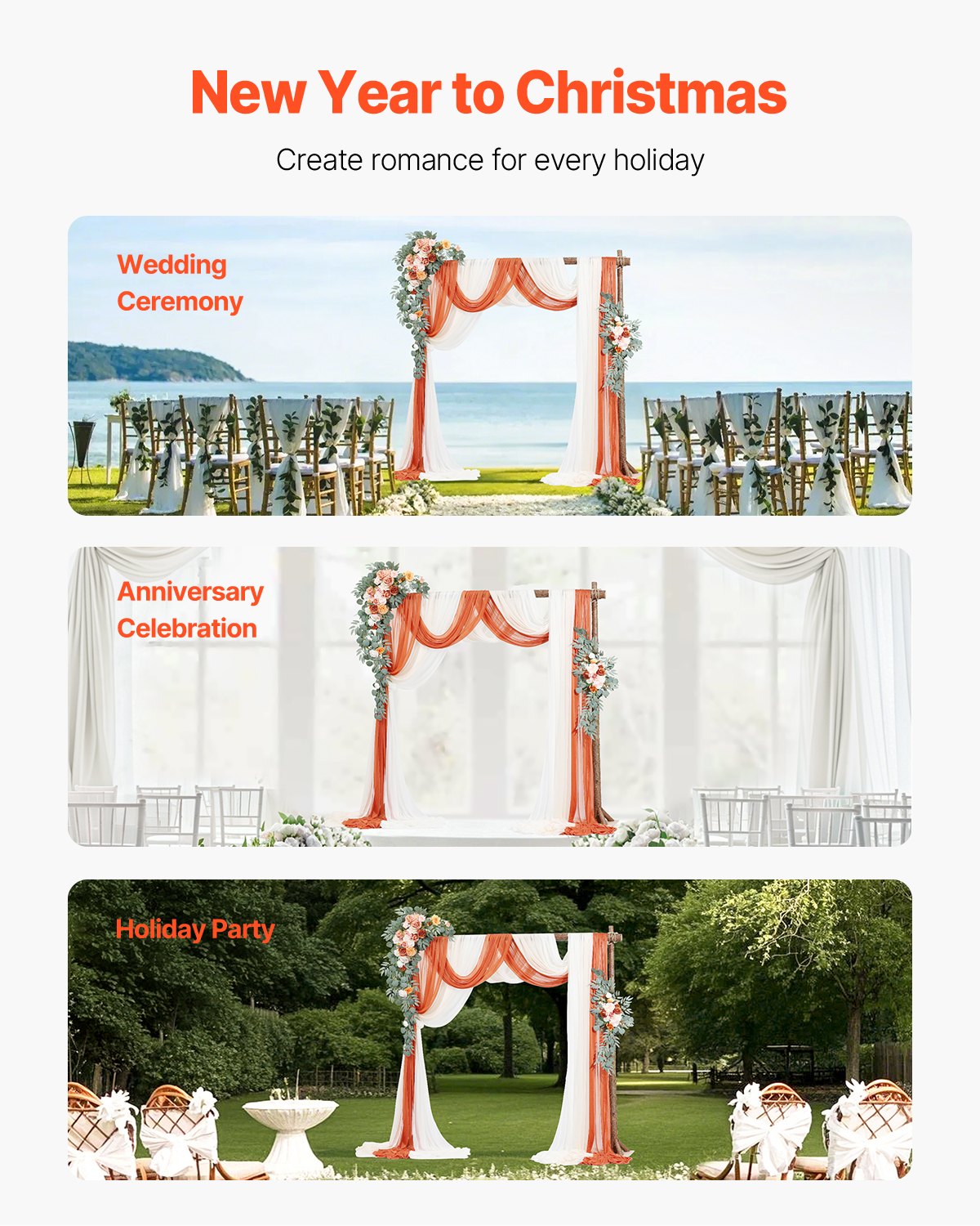 Artificial Wedding Arch Flowers Kit Orange With 2 Pcs Flowers 3 Pcs Drapes