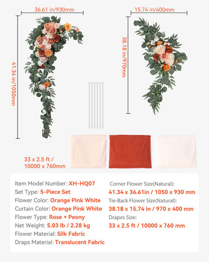 Artificial Wedding Arch Flowers Kit Orange With 2 Pcs Flowers 3 Pcs Drapes
