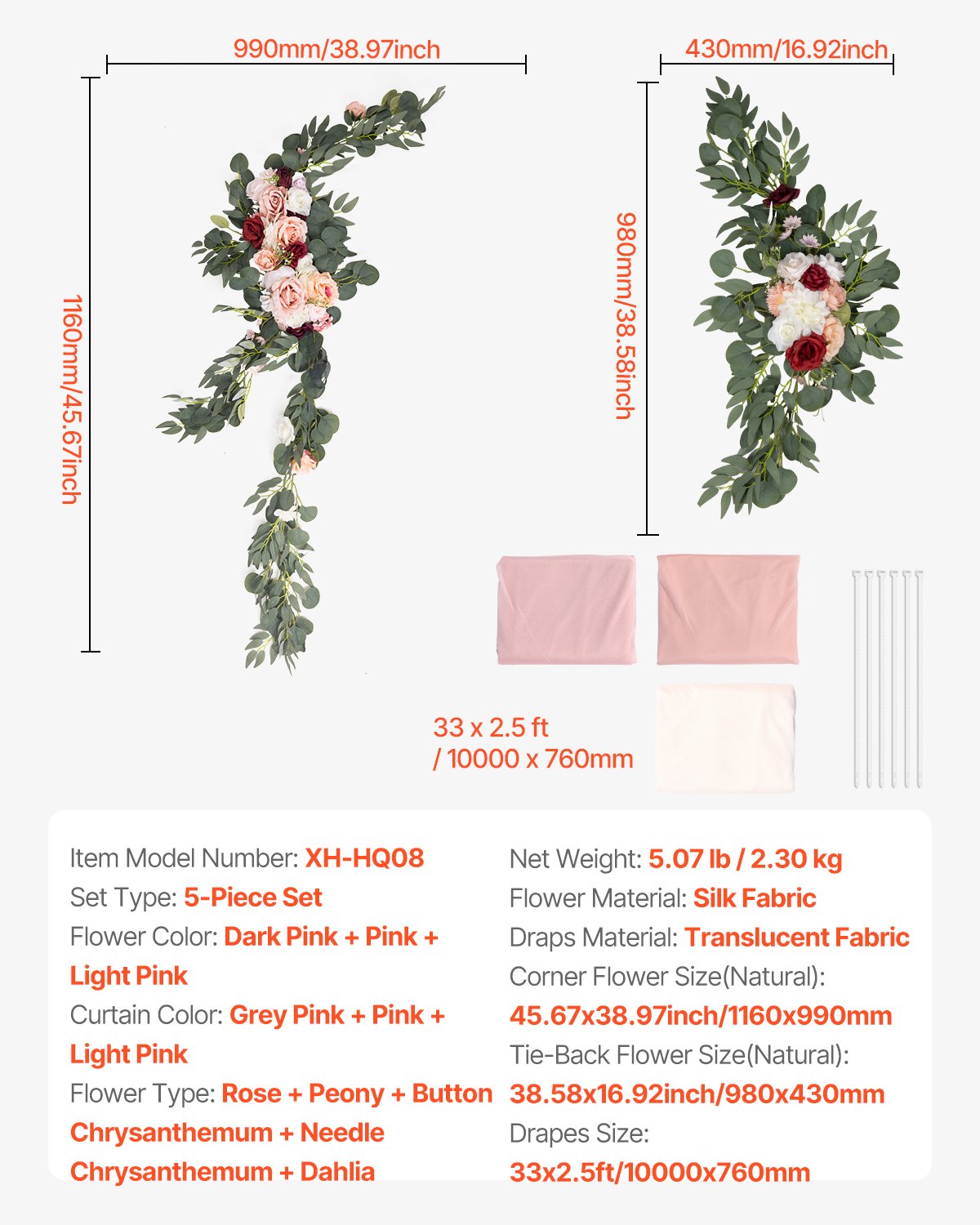 Artificial Wedding Arch Flowers Kit Pink With 2pcs Flowers 3pcs Drapes