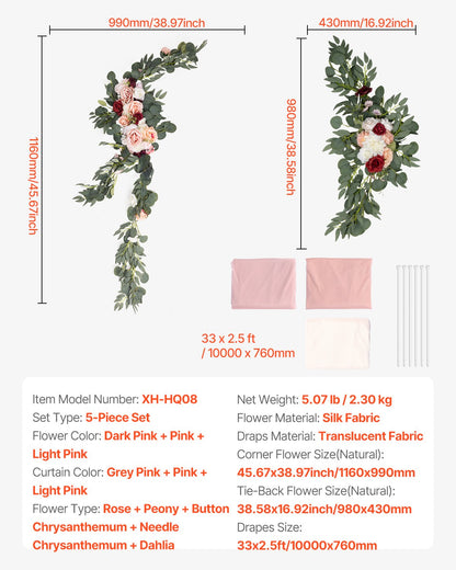 Artificial Wedding Arch Flowers Kit Pink With 2pcs Flowers 3pcs Drapes